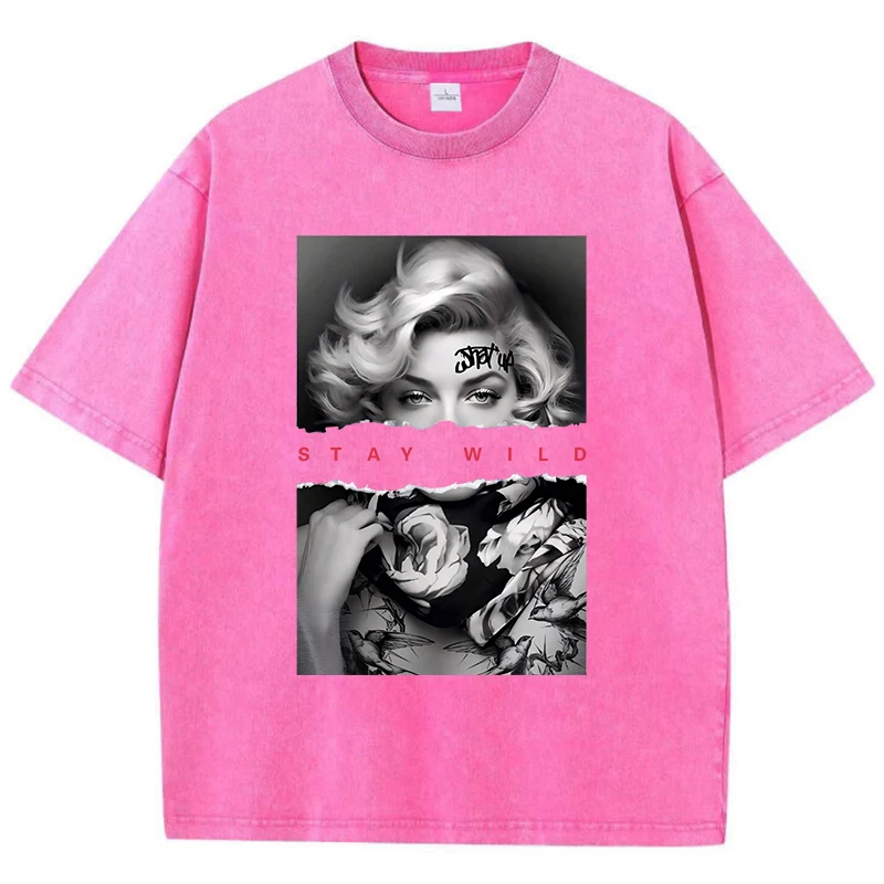 T-shirt lavata con stampa di poster di moda per donna T-shirt in cotone a maniche corte allentata casual con scollo a O Nuovo top oversize