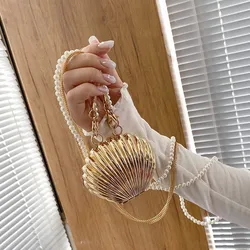 Mini bolso de concha metálica para mujer, bandolera de hombro con cadena de perlas, monedero pequeño de lujo con pintalabios, bolsos de diseñador, 2022