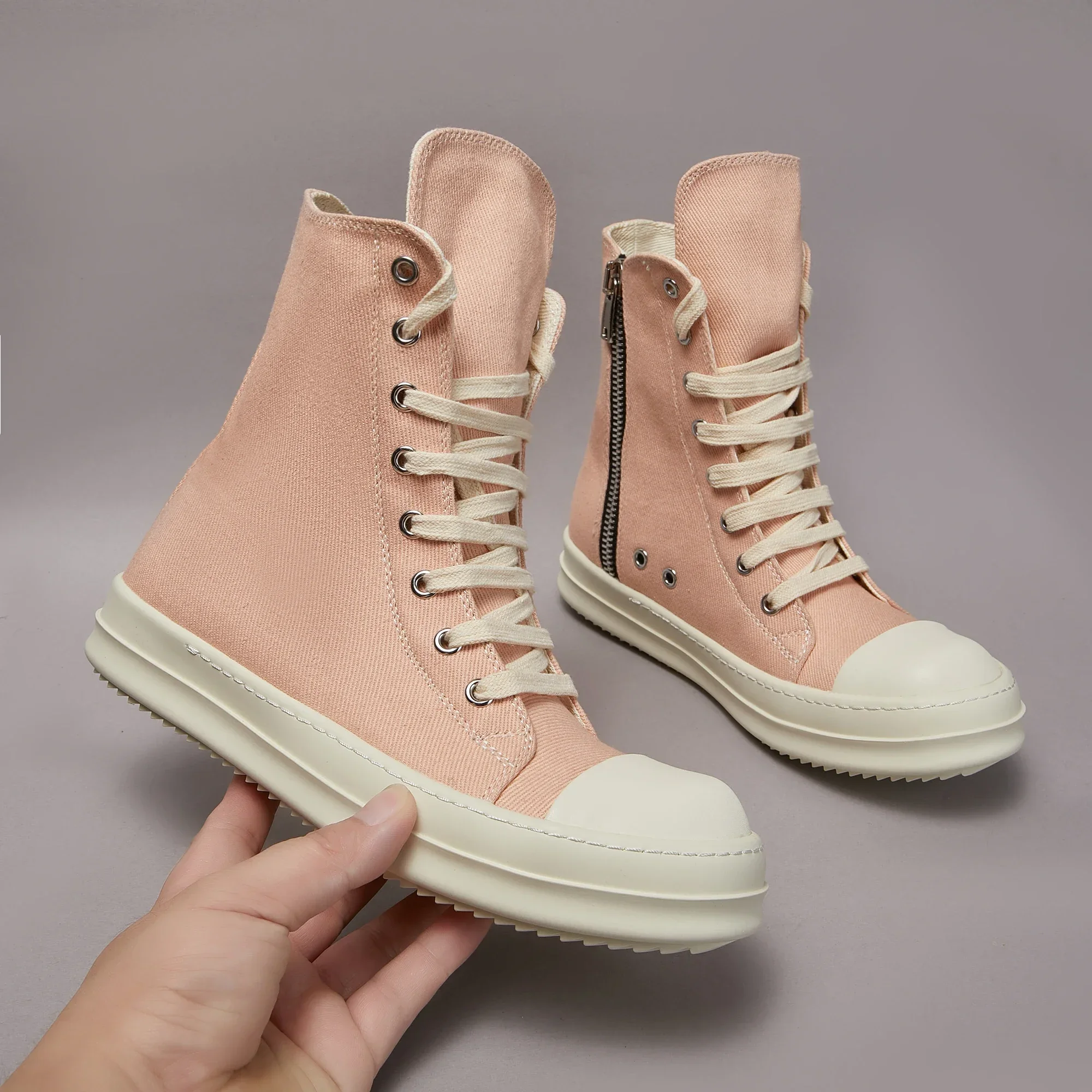 Brand Men Shoe Casual High Top Women Sneaker Apricot Ankle Boot Fashion Zip Thick-sole Ricks Summer Owens Canvas Flat Shoe