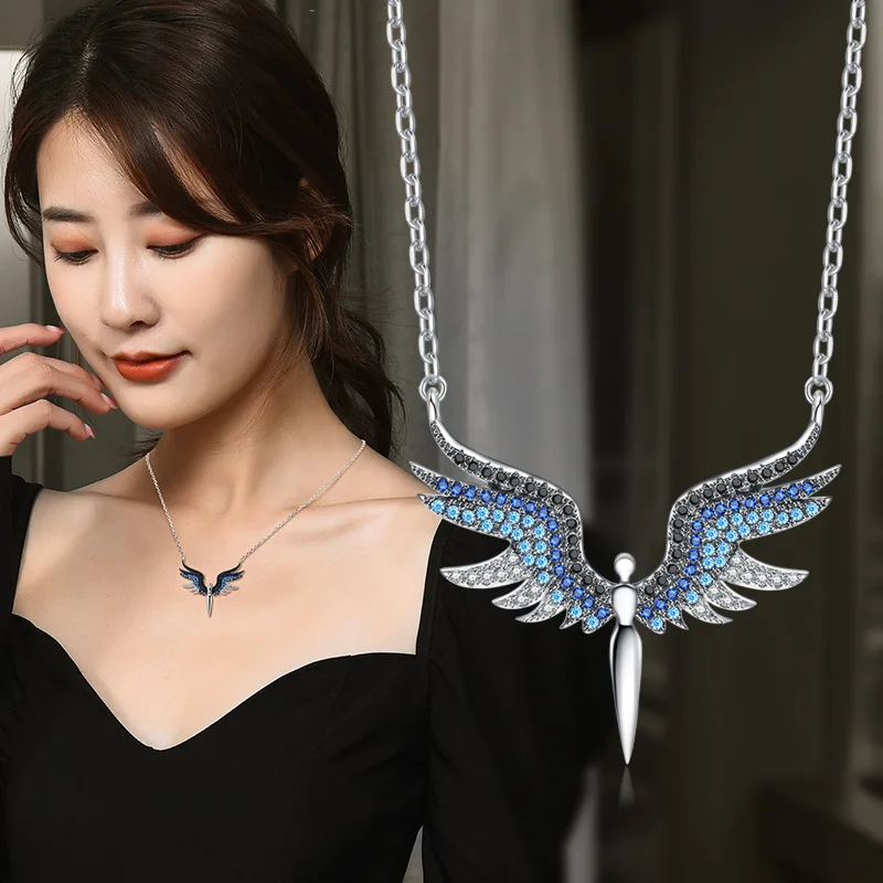 

New Fashion Angel Wing Stainless Steel Necklace For Women, Micro Paved Zircon Wing Pendant Clavicle Chain Jewelry