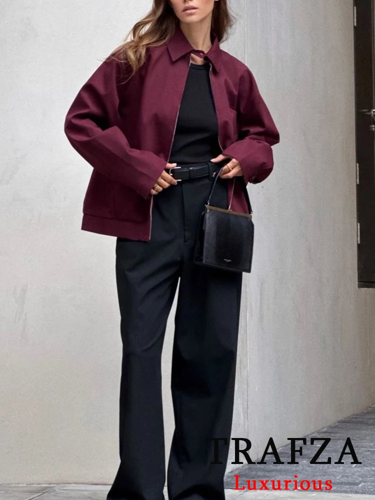 Travza setelan Vintage kasual Chic merah wanita Bordeaux jaket ritsleting kerah rebah setelan rok Mini busana musim gugur 2024