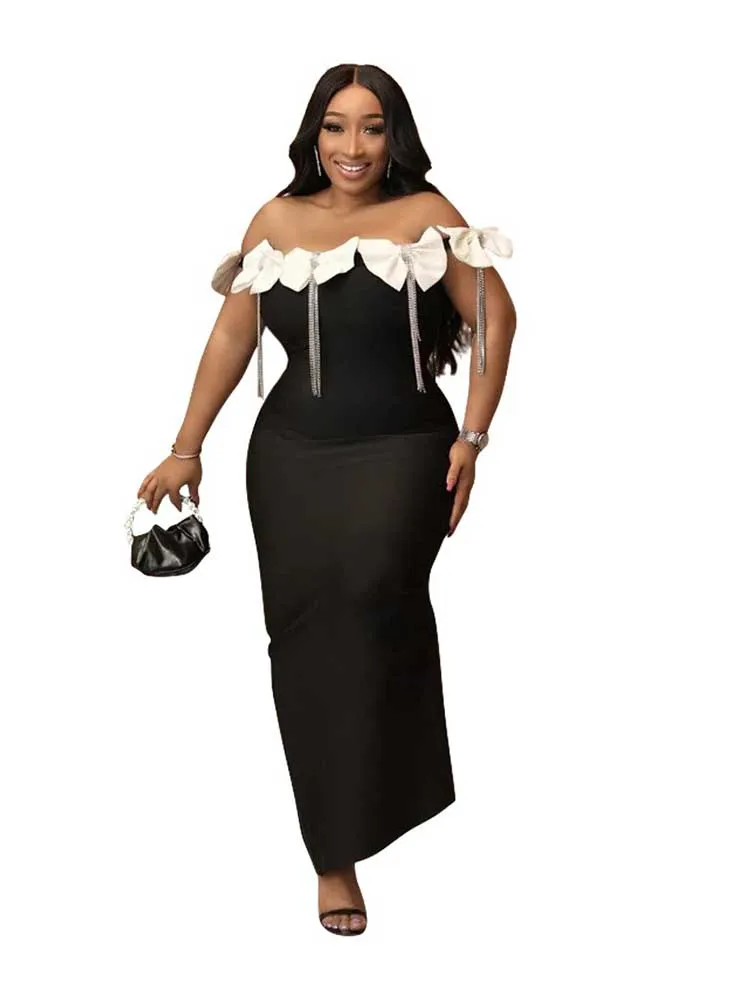 활 달린 여성용 이브닝 드레스, 섹시한 이브닝 드레스, 술 달린 작은 이브닝 웨어, 원피스 오프 숄더, 우아하고 긴 원피스 슬릿