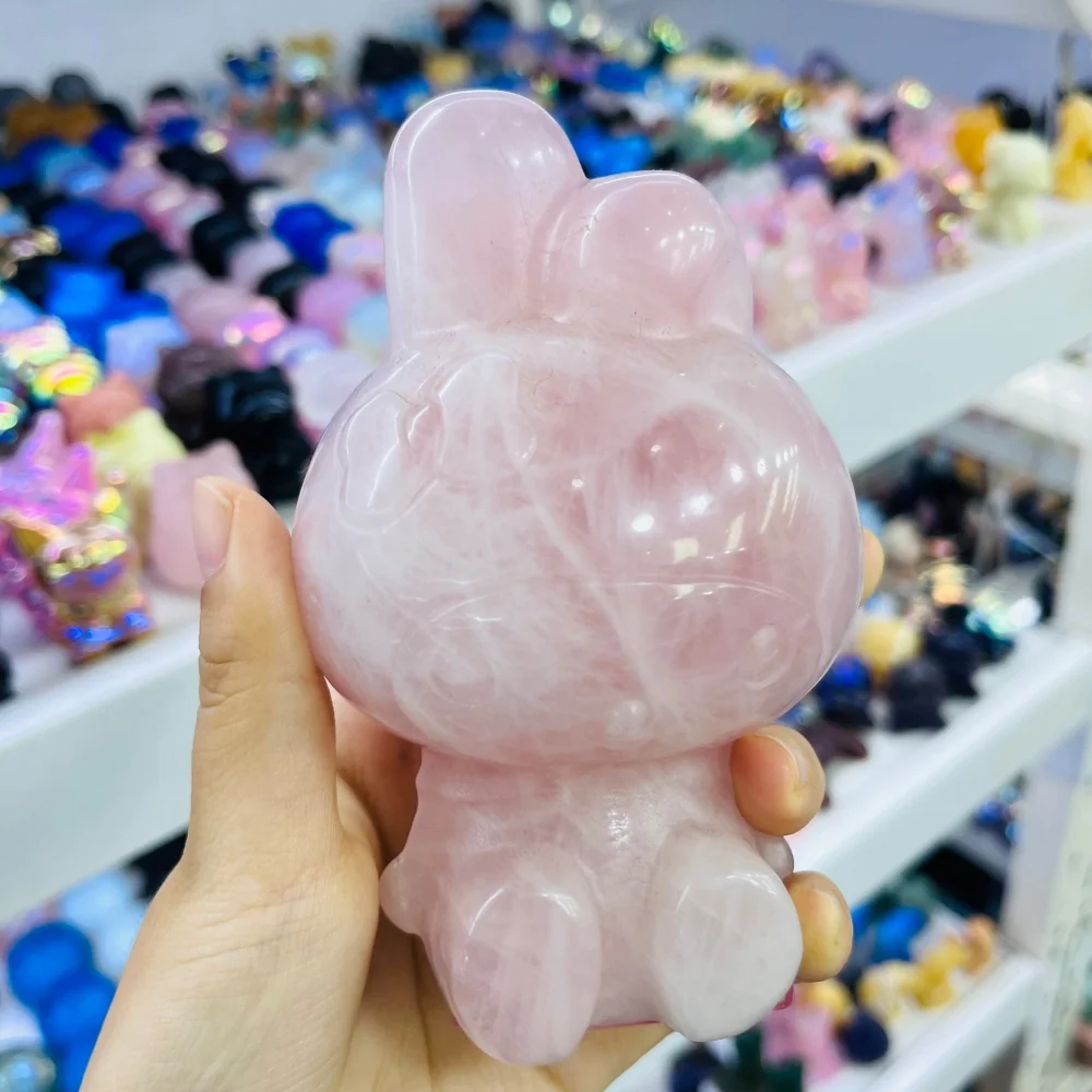 Sanrio Melody Rose Quartz Figurine Cute Carved Polished Healing Home Decor Craft Gift Natural Crystal