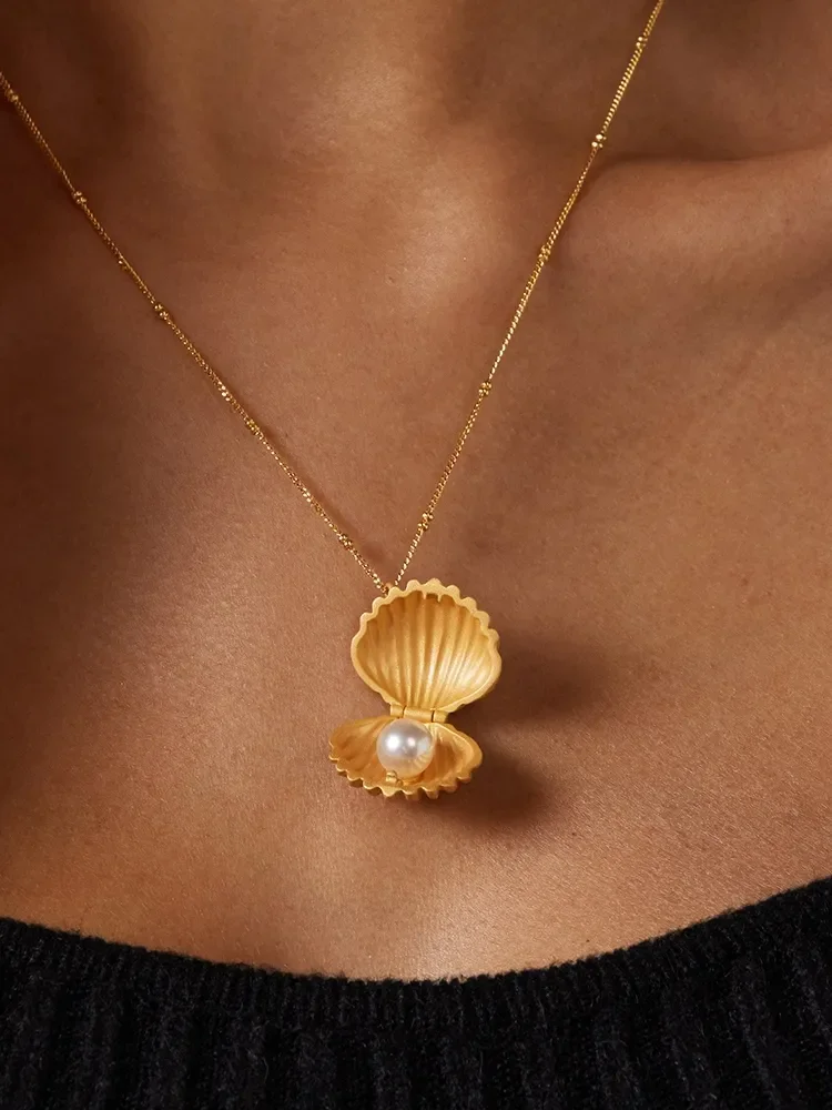 Ocean Elements Frosted Gold, Silver Color Can Be Opened and Closed Imitation Pearl Shell Pendant Necklace Women Fashion Necklace