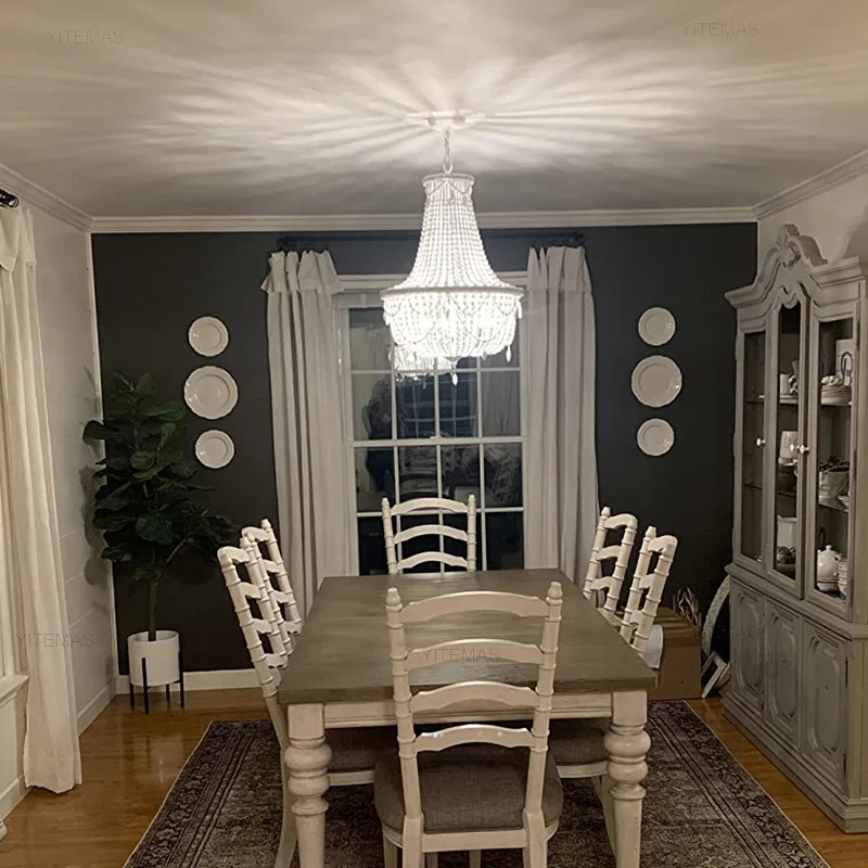 Beads Tassel Chandelier Retro White Wooden Beaded Pendant Light In Bedroom Living Room Dining Room Bohemian Staircase Chandelier