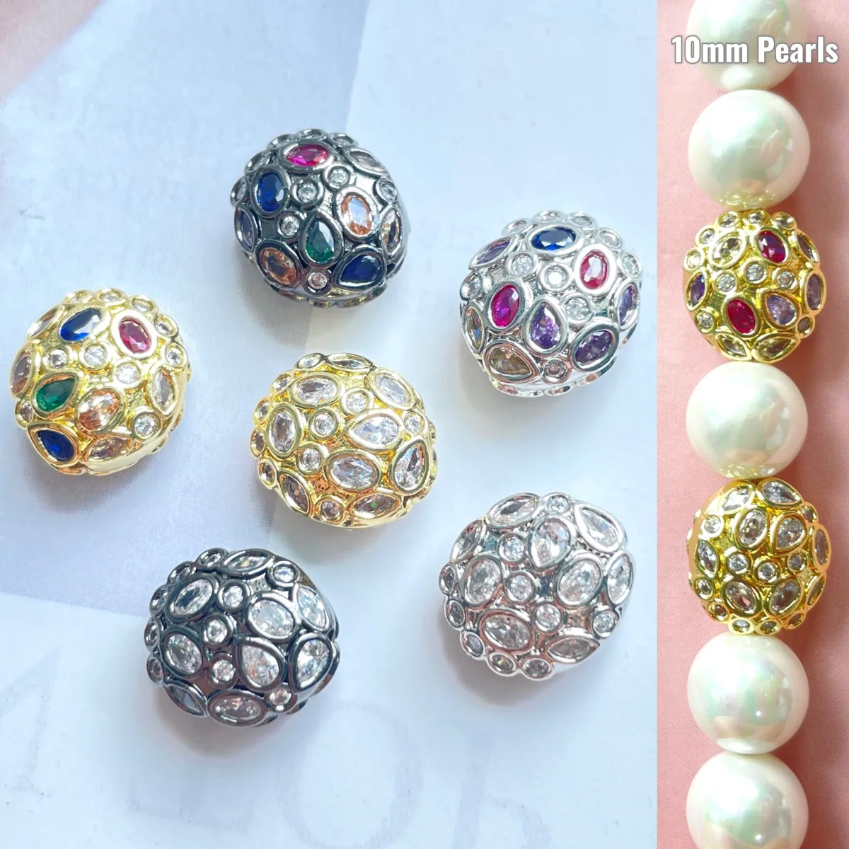 6PCS Colorful Clear Zirconia Pave Oval Egg Spacers Bling Loose Beads for Women Bracelets Earring Necklace Creation Accessories