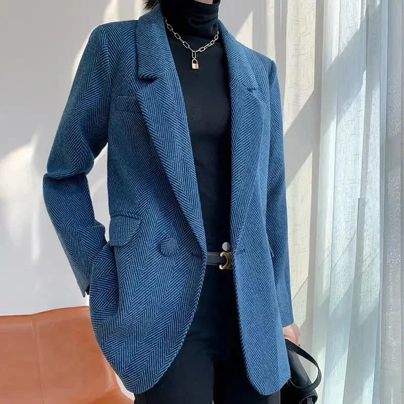 Herringbone Pattern Single Button woolen suit jacket ladies New Autumn Winter Cotton Clip thick retro Simple Suit Jacket A189