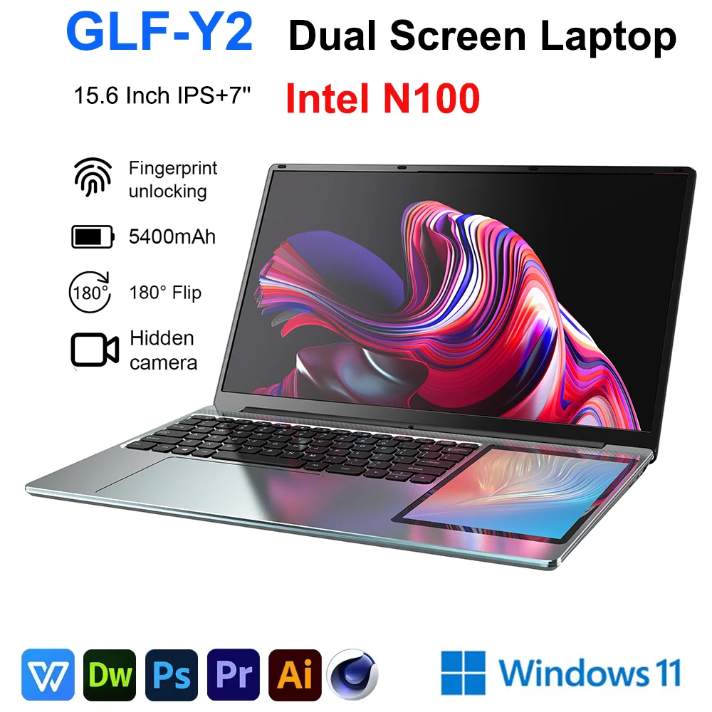 GLF-Y2 Dual Screen Laptop Intel N100 15.6 Inch IPS+7'' Touch Business Computer 16GB+512GB DDR4 M.2 2T SSD Slim Office Laptop