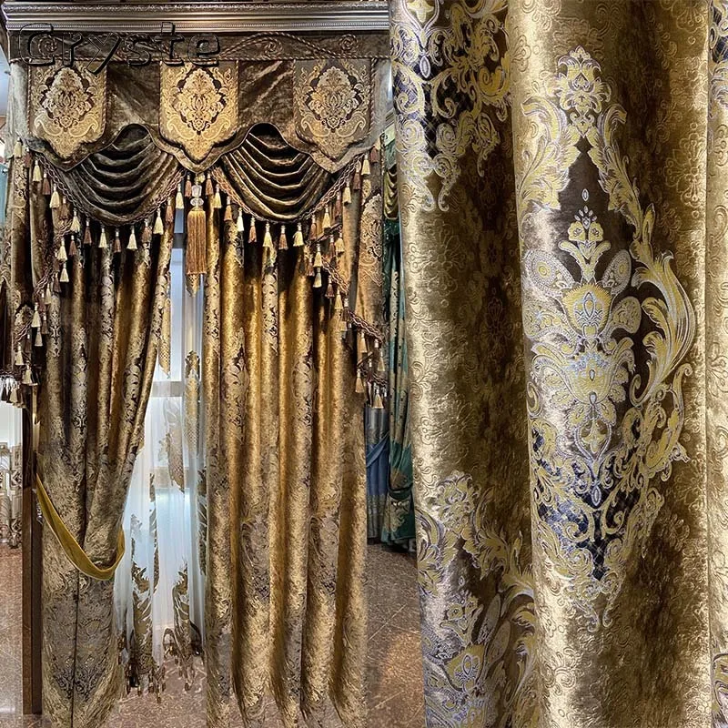 

Curtains for Living Dining Room Bedroom European Palace Luxury Velvet High Shading Carved Gold Curry Villa Windows Valance