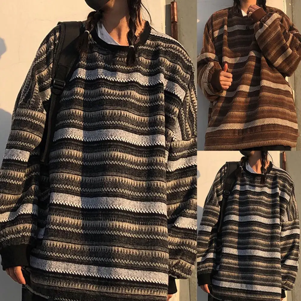 

Women Round Neck Sweater Stripe Vintage Style Slouchy Oversized Fall Soft Sweater For Daily Wear Long Sleeve Oversize Pullover