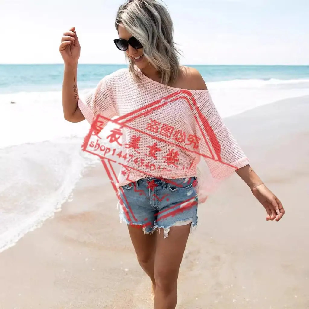 

Women's Summer round Neck Cut out T-Shirt Pure Color Knitted Short-Sleeved Loose Top European And American Style by