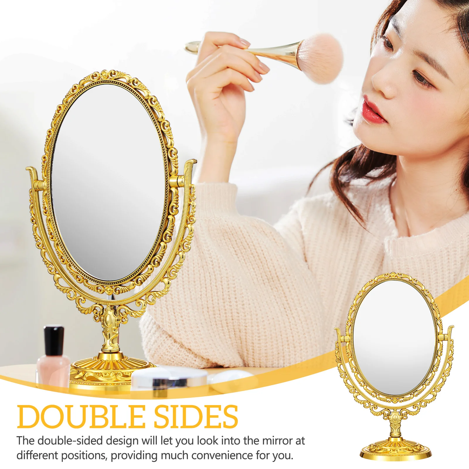 Makeup Mirror 0812 Golden Oval Dresser Desk Table Top Rotating Swivel Vanity Vintage