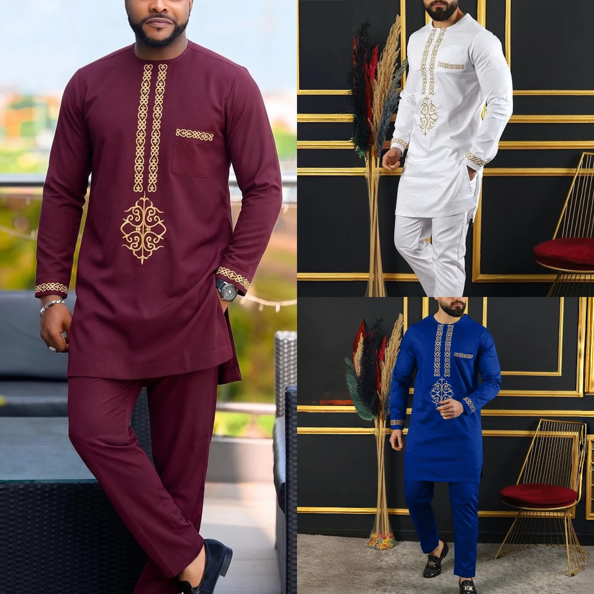 Conjunto de roupa Dashiki africana para homens, traje étnico de luxo, elegante, novo, 2 peças, estilo Abaya.