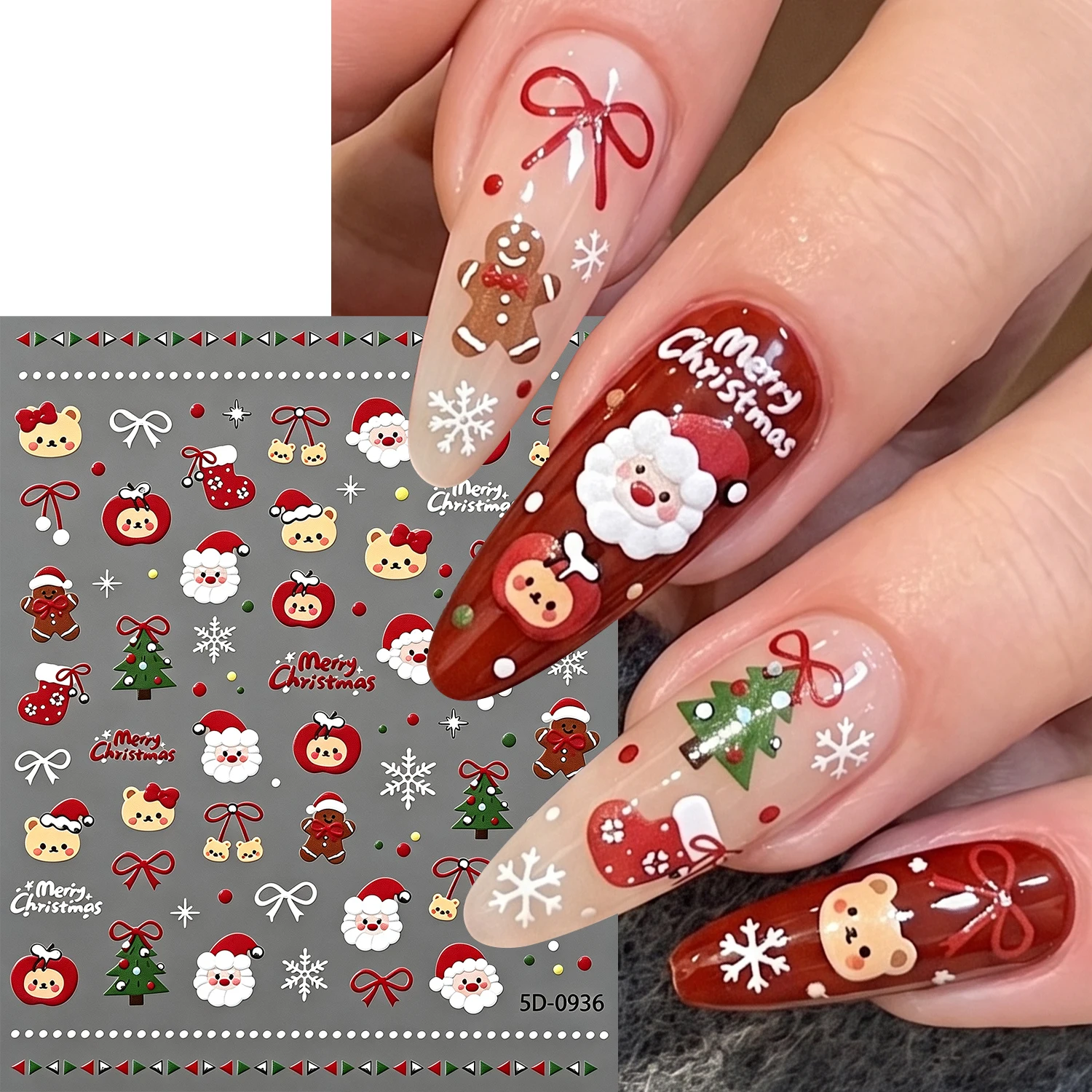 1PC 5D Xmas Nail Art Stickers Merry Christmas Bow Sock Apple Nail Sliders For Winter Holiday & Christmas DIY Nail Manicure Decor