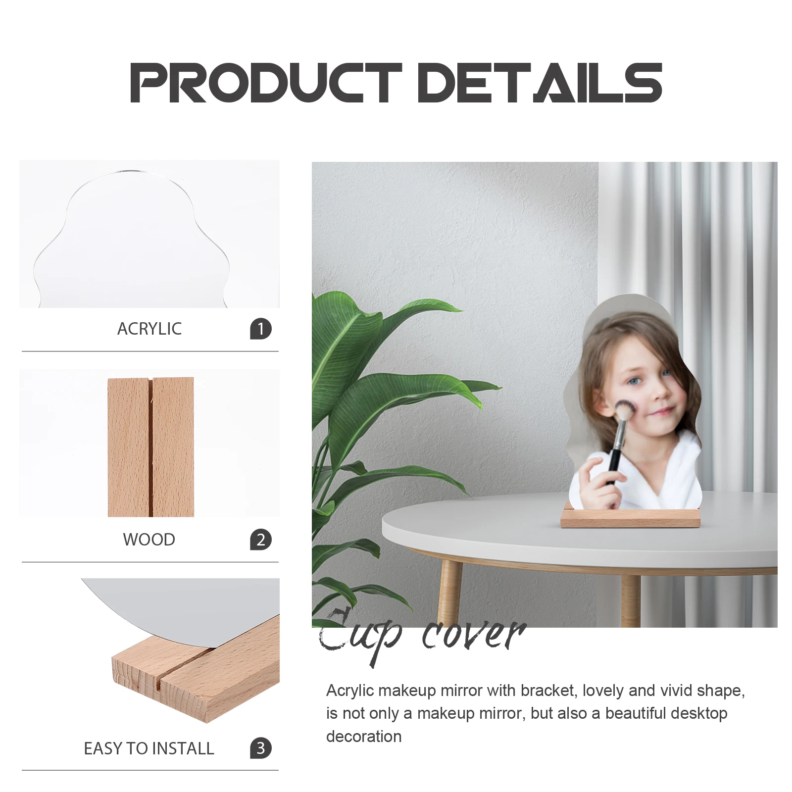Espelho de vaidade de mesa de maquiagem acrílica portátil pequeno irregular elegante espelho de maquiagem forma base de madeira quarto uso de escritório