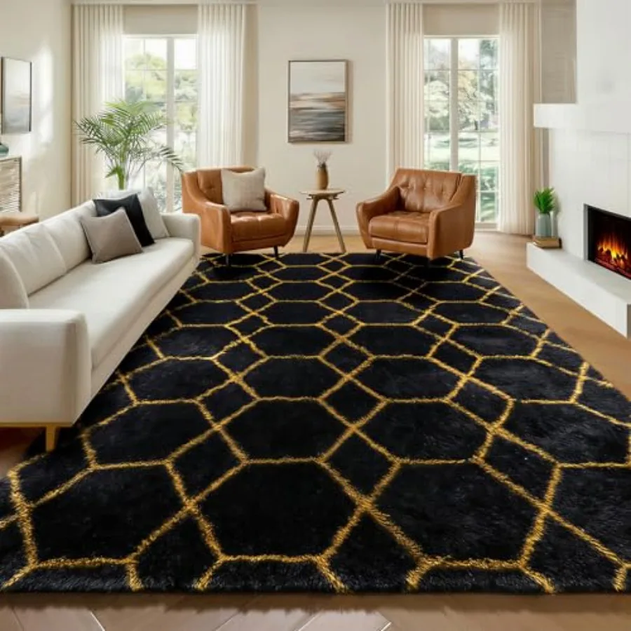 

6x9 Area Rugs for Living Room Bedroom, Black and Gold Geometric Fluffy Shaggy Plush Rug, Soft Fuzzy Floor Carpet for Nursery Bo