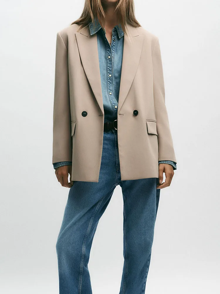 Herfst 2025, hoogwaardig los lang Sve-pak met dubbele rij knopen, Jaet Faionable bovenkleding, comfortabele pasvorm, Chinese sle-top