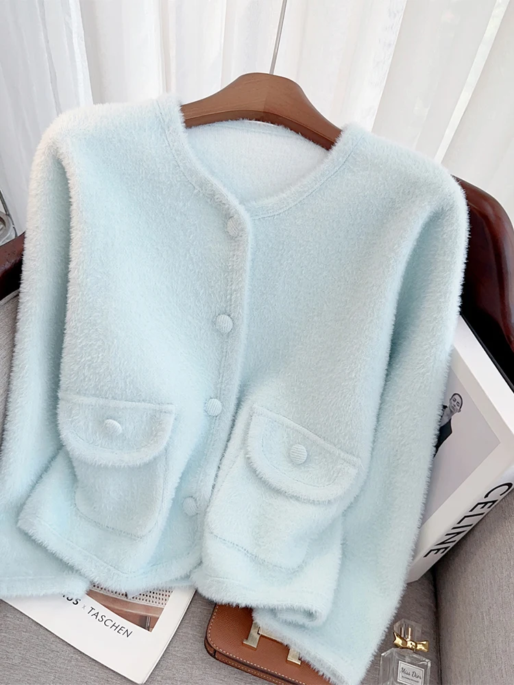 Women\'s Pink Cardigan Sweater Harajuku Y2k Solid Color Long Sleeves O-Neck Knit Cashmere Sweaters Vintage 2000s Clothes Autumn