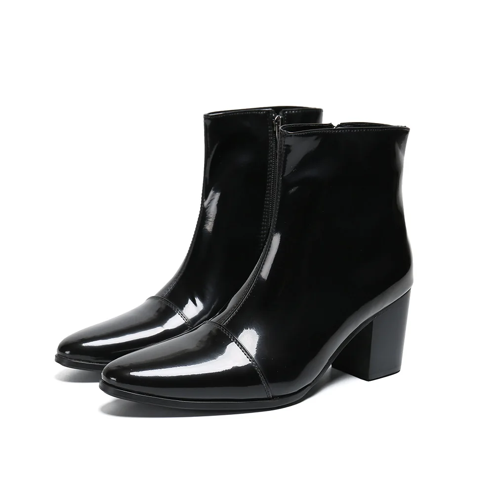 Pointed Toe Leather Dress Boots Men 7CM High Heel Men Boots Zip Black Business Leather Ankle Boots Bota Masculina!