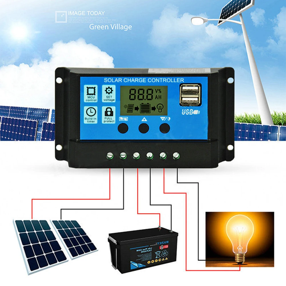 12V/24V Protection Board Charger Portable LCD Automatic Solar Charge Controller Dual USB Adjustable Parameter with Timer Setting