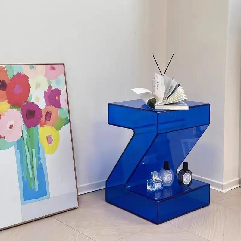 Modern Blue Acrylic Side Table for Living Room Bedroom Nightstand Hotel Furniture Plastic Coffee Table with Storage