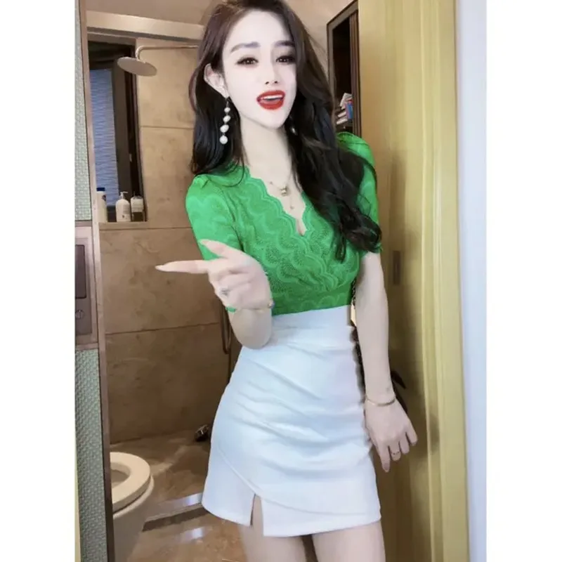 

Summer New Sexy Cross V-neck Short Sleeve Women's T-shirt Lace Elastic Fashionable Versatile Half-sleeve Small Shirt Top