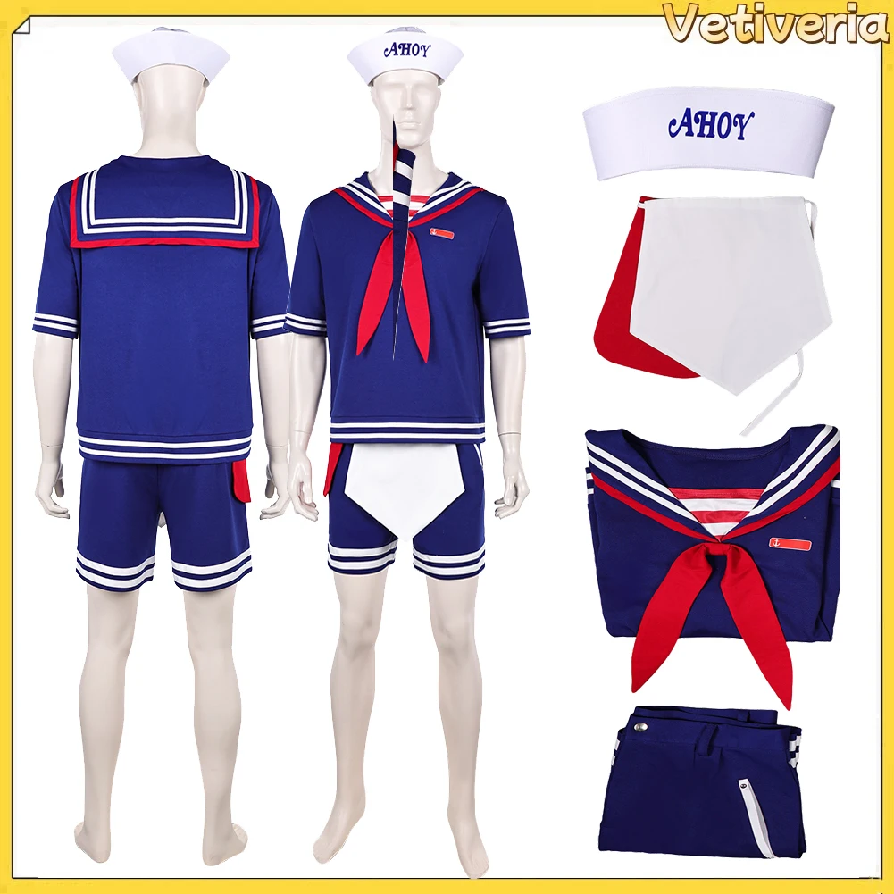 

Disguise Steve Cosplay Harrington Costume Hat Sailor Suit Men Shirt Shorts Apron Halloween Carnival Party Adult Fantasy Clothes