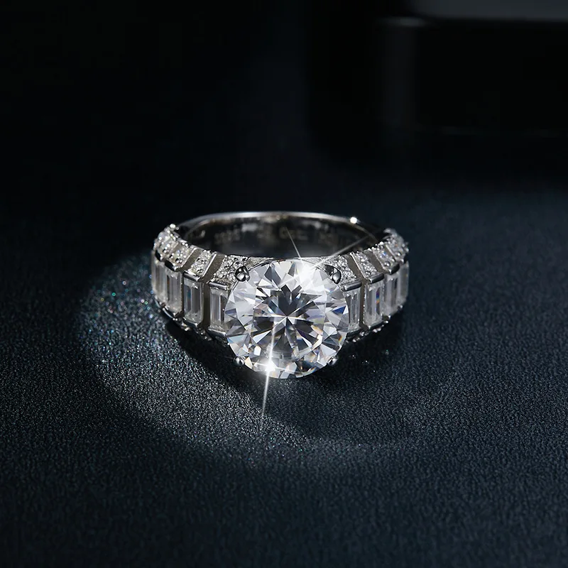 SONGYUN Moissanite Diamond Jewelry Women's 5 Carat Round Moissanite Ring with Baguette Side Stones Luxury Large Carat Jewelry