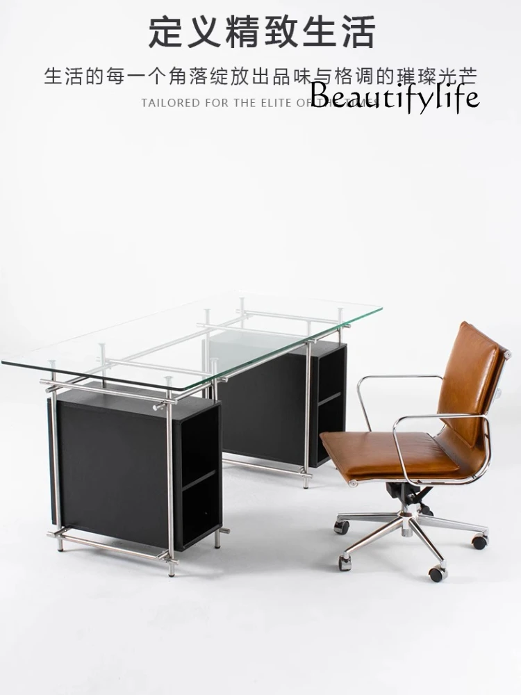 J مكتب إيطالي بسيط من الزجاج المقسى منضدة عمل طويلة من الفولاذ المقاوم للصدأ