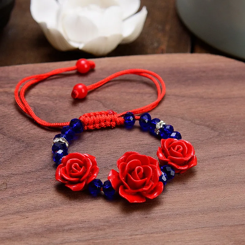 Korean Handmade Wove Rose Flower Bracelet For Women Girl Fashion Lacquer Red Rope Beaded Bracelet Accessorie Party Jewelry Gifts