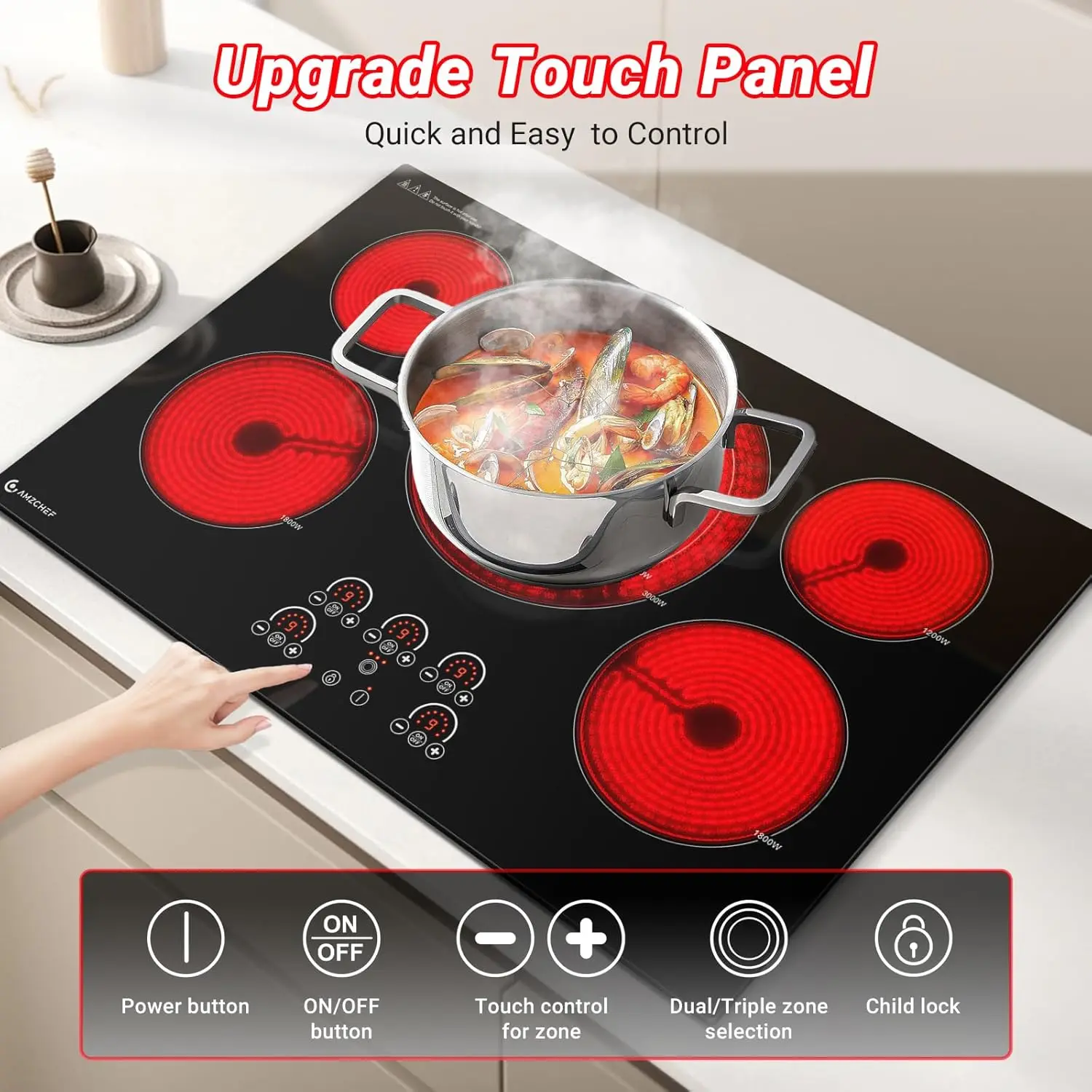 Electric Cooktop 30 Inch,5 Burners Built-in Electric Stove Top,Max 9000W Ceramic Glass Countertop with Touch Control,9 H