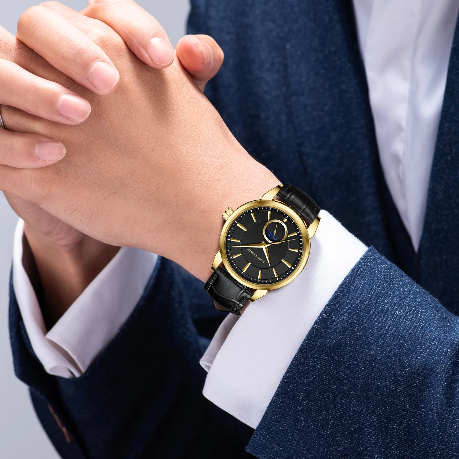 هانا مارتن ساعة رجالية متعددة الوظائف ماركة فاخرة موضة 41 ملم ستار مون مينا ذهبي أسود جلدية كوارتز ساعات رجالية