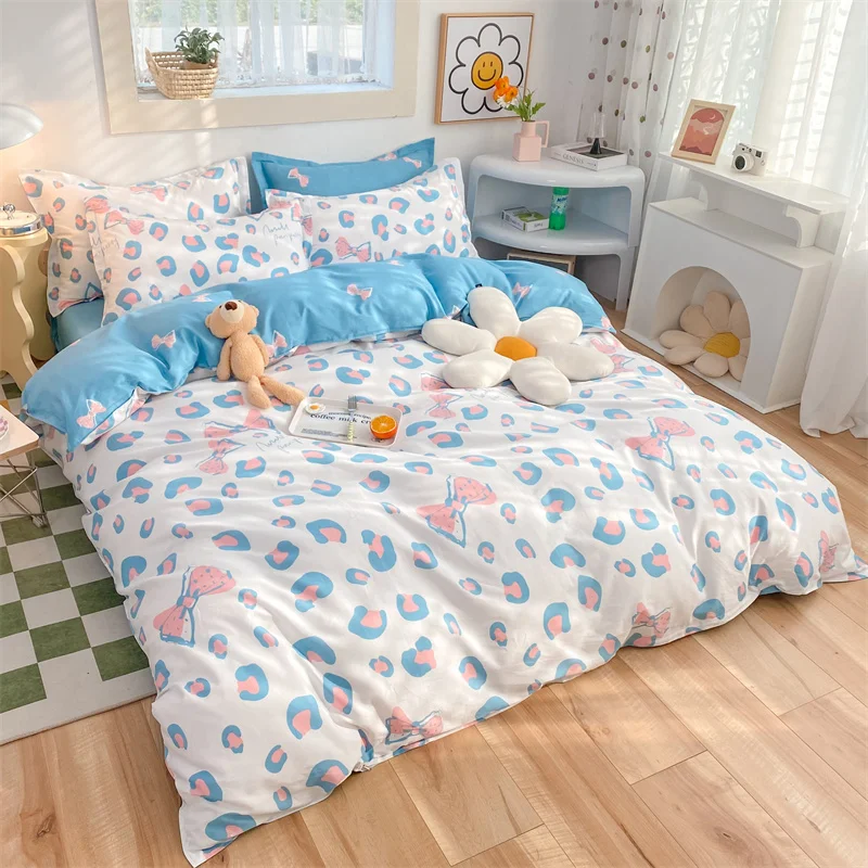 3PCS Pink Leopard Cotton Duvet Cover Queen, Teen Girls Bedding, Cheetah Print Blue Comforter Covers Cute Bedroom Decor for Women