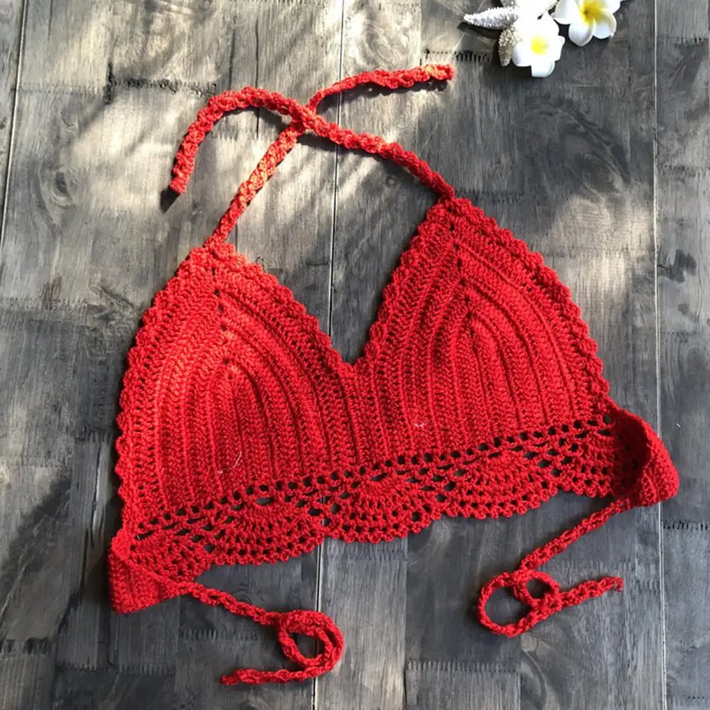 Sexy Halter Women Crochet Bikini Crop Tops Boho Beach Camisoles Tank Top Knitted Backless Swimwear Women's Swimsuit Knitted Cami