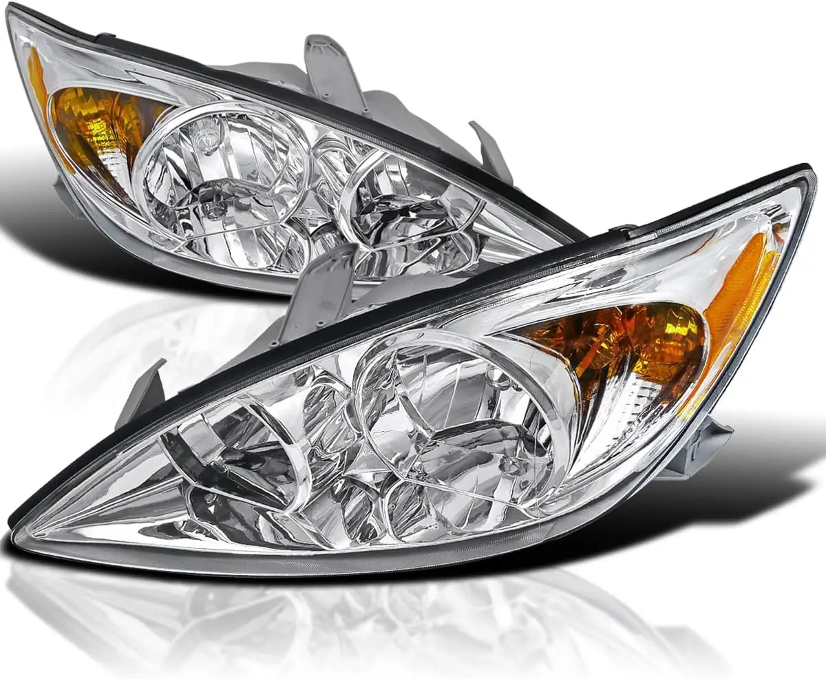 

Chrome Housing Clear Lens Headlights Compatible with 2002-2004 Toyota Camry L+R Pair Head Light Lamp Assembly