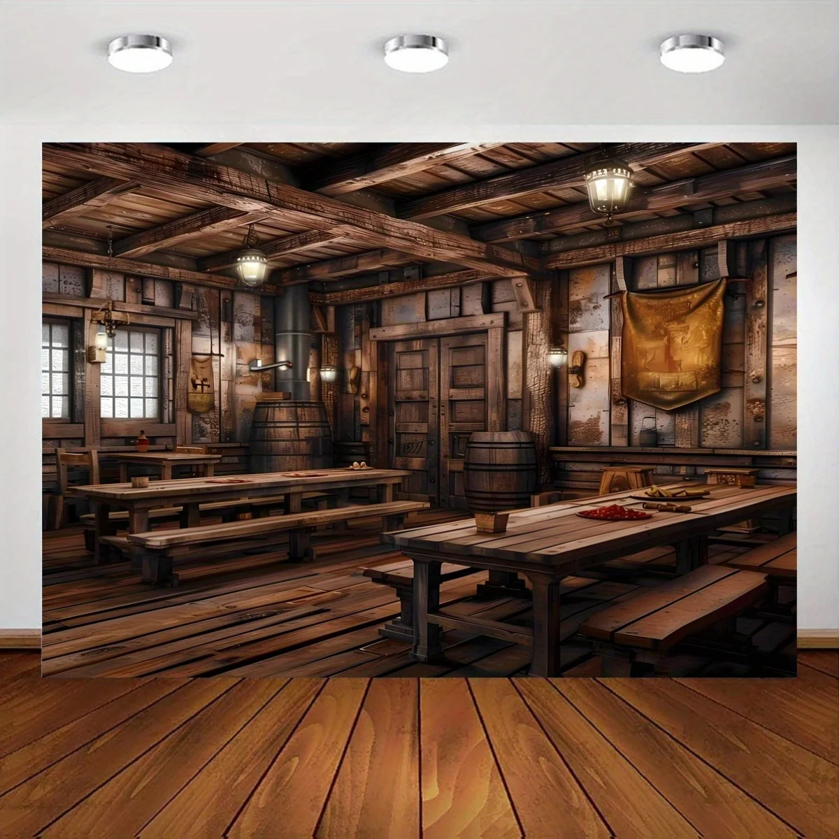 An AI-generated medieval tavern artwork, used for photography, featuring a rural western cowboy themeDJH