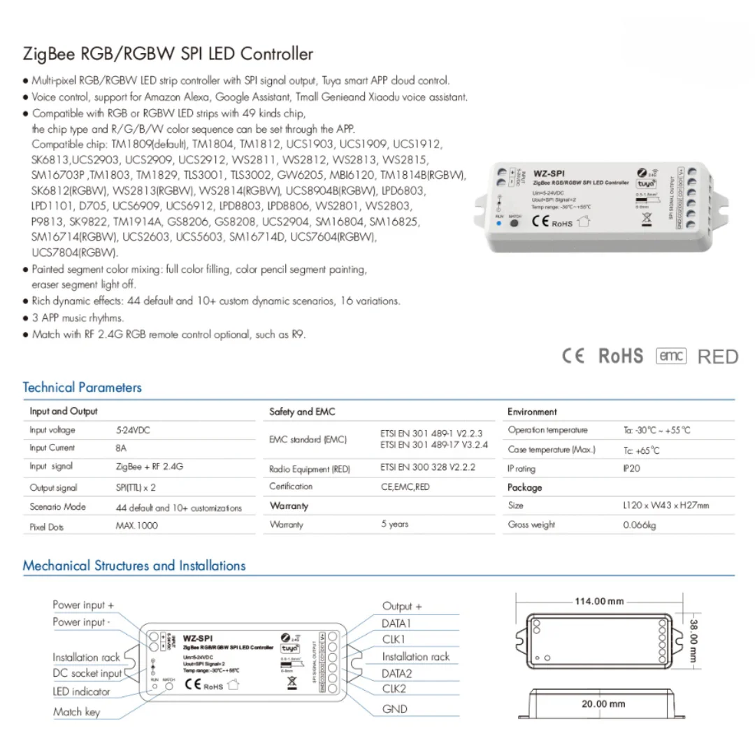 5V-24V Tuya Zigbee APP SPI LED Controller WZ-SPI Control 1000Pixel Led for WS2811 2812B SK6812 RGB/RGBW LED Strip Lamp SpotLight