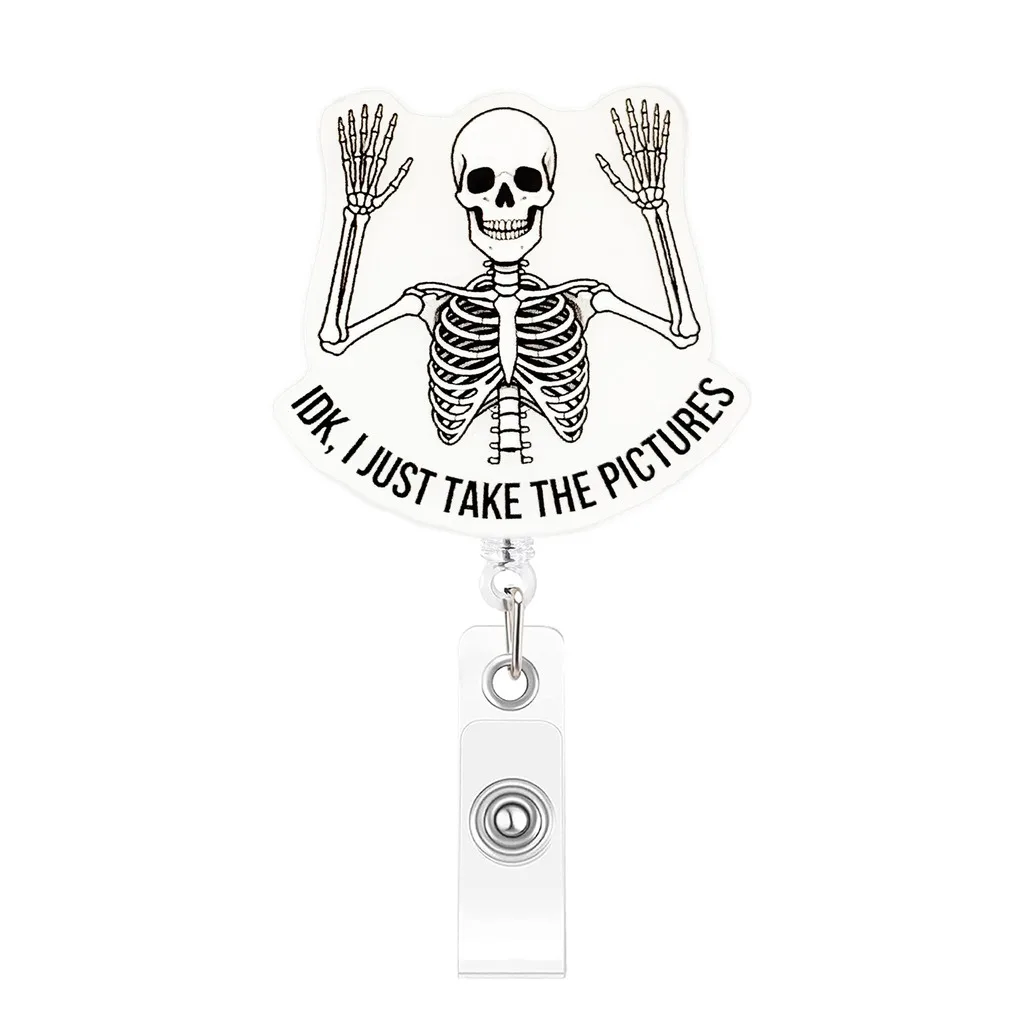 Halloween Skeleton Glitter Retractable Badge Reel Cartoon Acrylic 360 Rotating ID Card Badge Holder Rotatable Alligator Clip