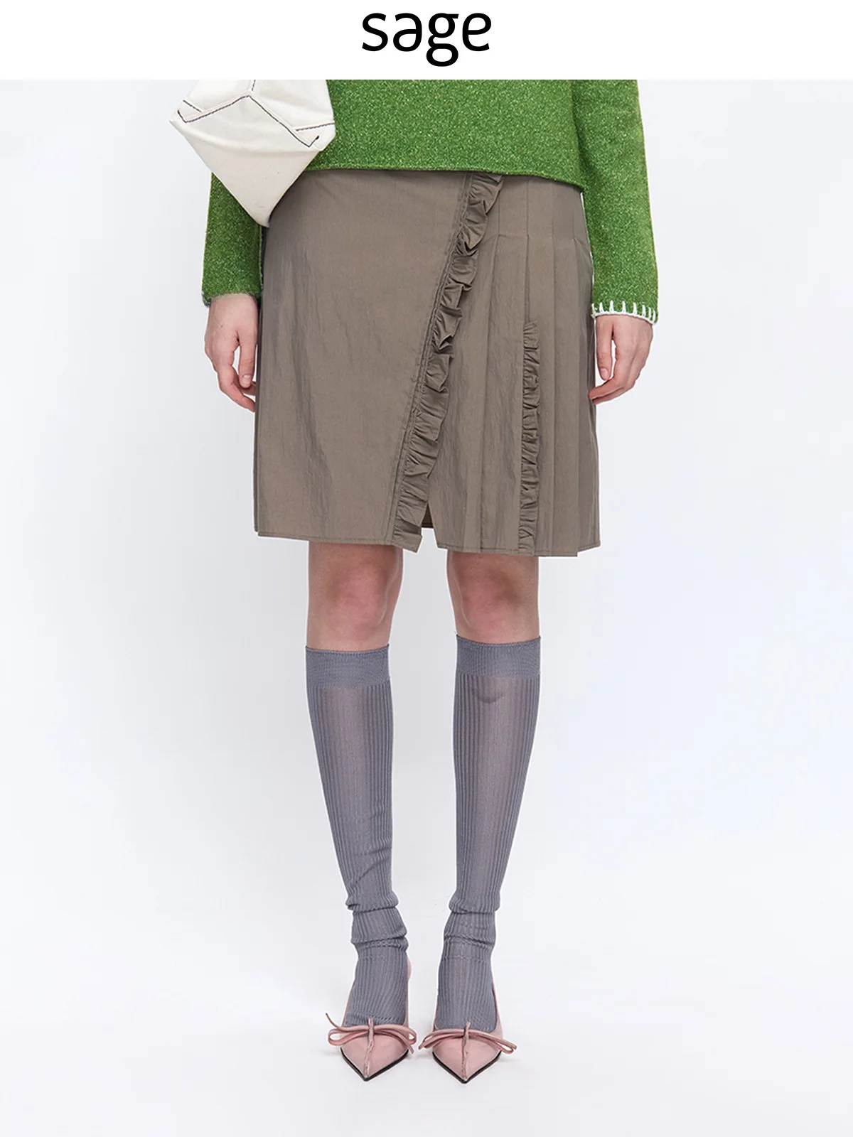 

Khaki een Cotton Silk Enzyme Wa Pleated Lace Hem f Skirt Sagestudio Simple Sle Women's Casual Daily H-Line Skirt