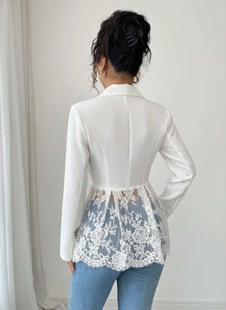 Damen-Spitzenblazer mit Kerbrevers, Ein-Knopf-Verschluss, Langarm, Schlanke Passform, Durchbrochener Patchwork-Anzug, Bürojacke für Damen – Detail 7