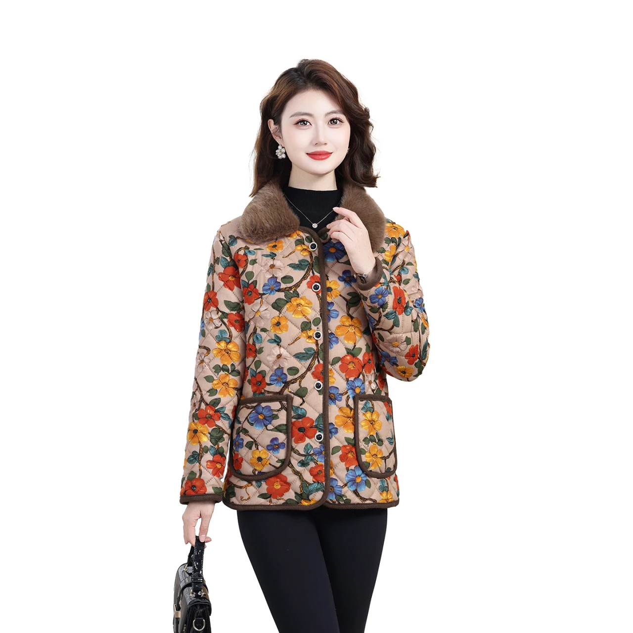 

Thiened Fce Women's Cotton Jaet Winter Faion lapel Collar Single Fit Long Sve Floral Print Warm Coat