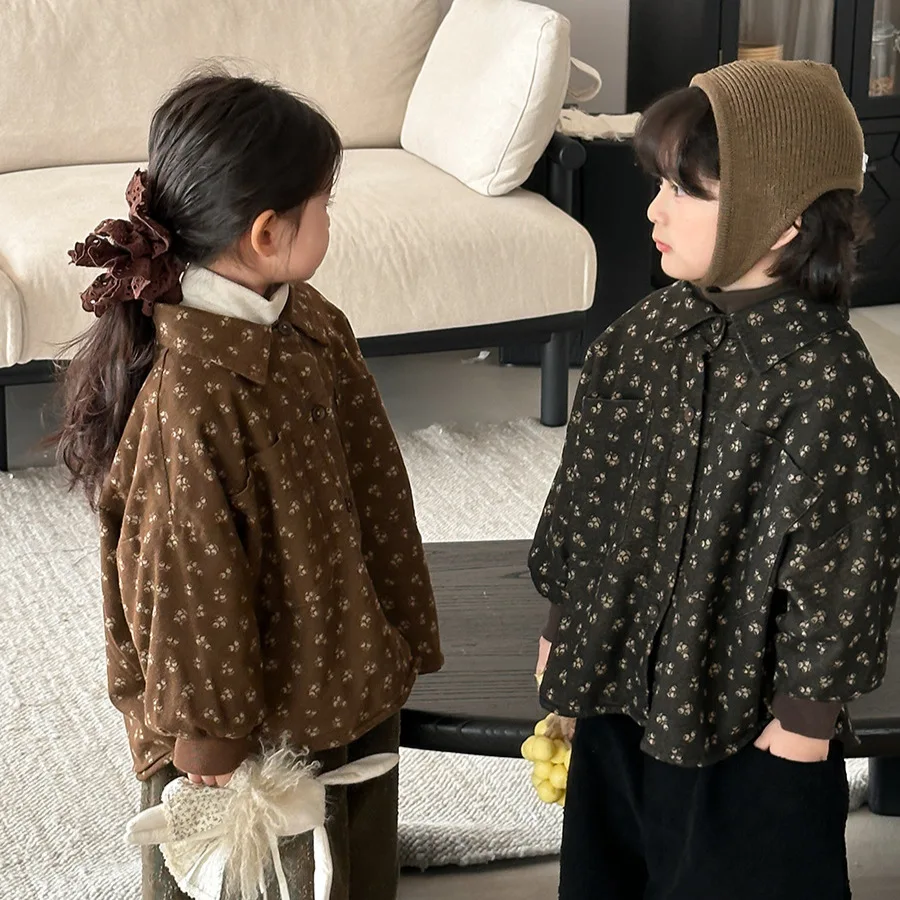 

2025 Winter Kids Shirt Floral Print Boy Girl Fleece Lined Thickened Coat Vintage Style Outdoor Clothing Soft Warm Casual Jacket