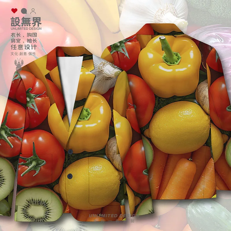 Patrón de frutas y verduras 3D con guisantes de nieve bok choy y pimientos verdes Blazer masculino para hombre Tops artísticos Ropa de otoño