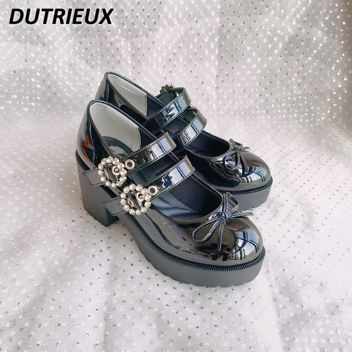 

Japanese Style Sweet Girls Mine Ins Retro Platform High Heel Cute Rhinestone Mary Jane Lolita Black All-matching Women's Shoes