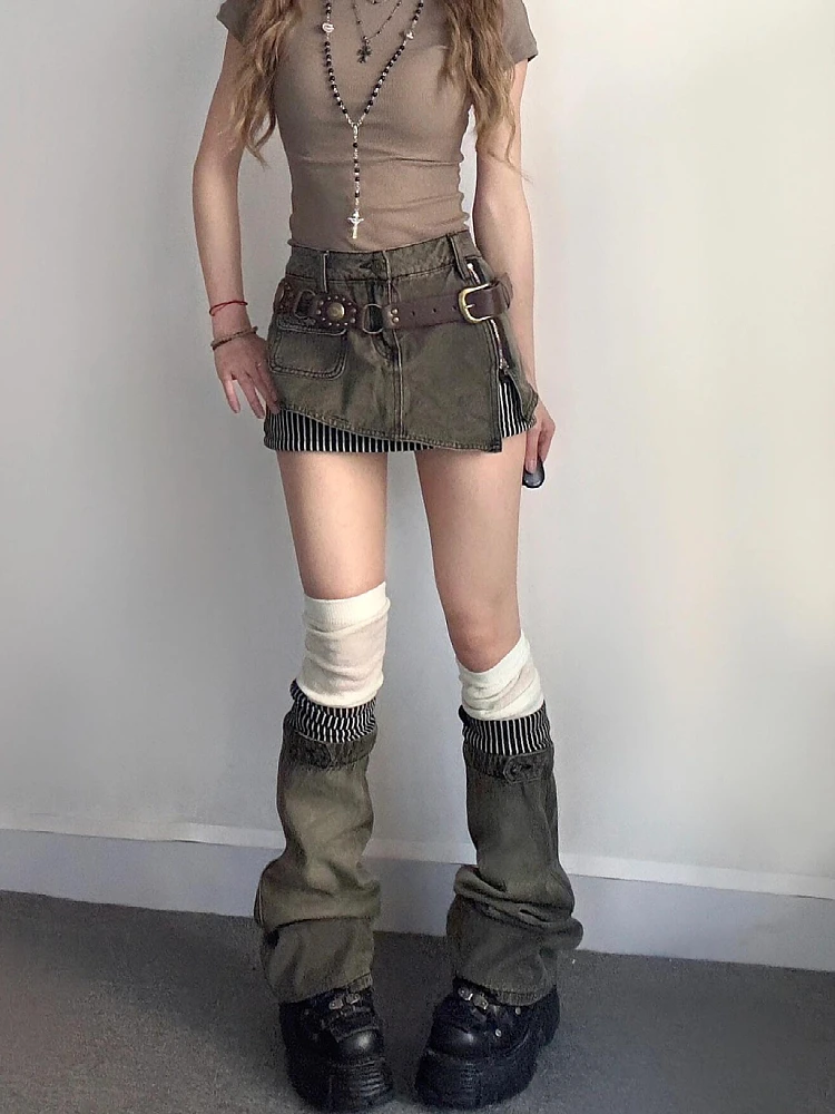 

plus Size American Style Spicy Girl Retro Asymmetrical Denim Skirt Women's Punk Stripe Splicing Legging Two Piece Set