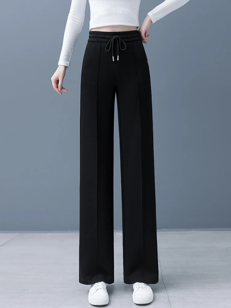 

Женские спортивные брюки с высокой талией, прямые, повседневные, свободные, стройнящие, струящиеся, в уличном стиле, однотонные, широкие штанины