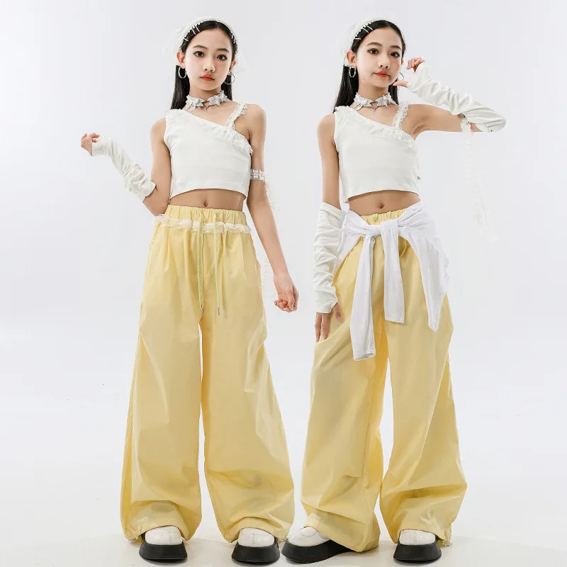 Girls Hip Hop Jazz Clothes Sets Off Shoulder Crop Tops + Loose Yellow Pants Children Performance Catwalk Street Dance Costumes