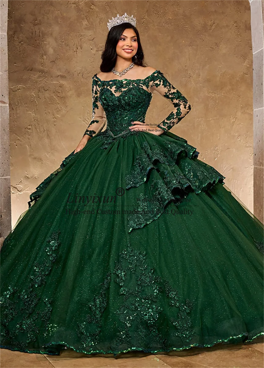 Vestido de fiesta elegante de princesa verde esmeralda con hombros descubiertos, vestidos de quinceañera con tirantes y cristales, vestido personalizado para cumpleaños, dulce 16