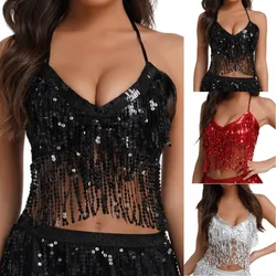 Women Belly Dance Tassel Crop Top Sequin Halter Top Bandage Tank Top Strappy Backless Tube Sleeveless Vest Hot Beach Shinny Top