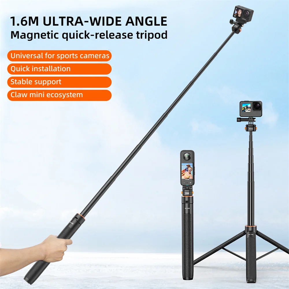 VRIG 1.6m Magnetic Selfie Stick Tripod Magnet Quick Release Extended Tripod for GoPro 12 DJI OSMO Action 4/5 Insta 360X Cameras